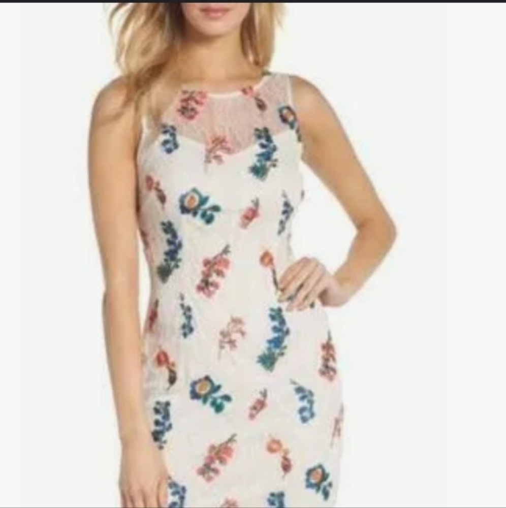 Adrianna Papell ivory white sheath embroidery dress size 8 floral lined